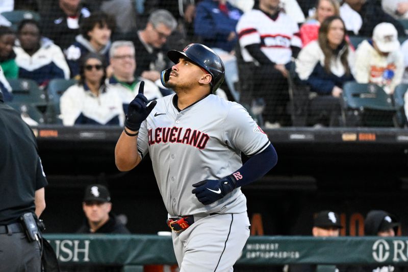 May 11, 2024; Chicago, Illinois, USA;  Cleveland Guardians first base Josh Naylor (22) reacts after hitting a home run against the Chicago White Sox during the fourth inning at Guaranteed Rate Field. Mandatory Credit: Matt Marton-USA TODAY Sports