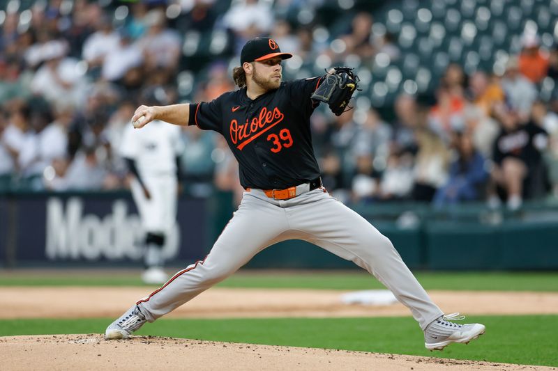 May 24, 2024; Chicago, Illinois, USA; Baltimore Orioles starting pitcher Corbin Burnes (39) delivers a pitch against the Chicago White Sox during the first inning at Guaranteed Rate Field. Mandatory Credit: Kamil Krzaczynski-USA TODAY Sports