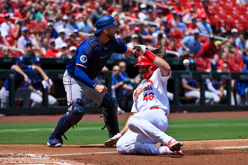 Jul 31, 2024; St. Louis, Missouri, USA;  St. Louis Cardinals first baseman Paul Goldschmidt (46) slides safely past Texas Rangers catcher Carson Kelly (18) to score during the second inning at Busch Stadium. Mandatory Credit: Jeff Curry-USA TODAY Sports