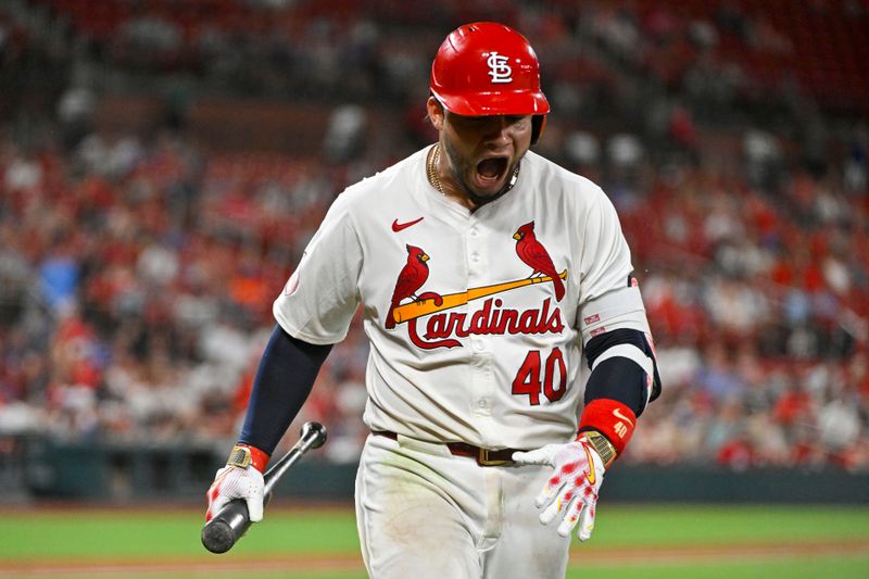 Jul 29, 2024; St. Louis, Missouri, USA;  St. Louis Cardinals catcher Willson Contreras (40) reacts after he was called out on strikes against the Texas Rangers during the eighth inning at Busch Stadium. Mandatory Credit: Jeff Curry-USA TODAY Sports