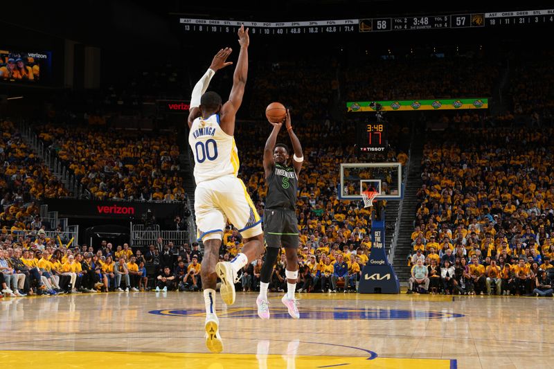 SAN FRANCISCO, CA - MAY 10: Anthony Edwards #5 of the Minnesota Timberwolves shoots the ball during the game against the Golden State Warriors  during Round 2 Game 3 on May 10, 2025 at Chase Center in San Francisco, California. NOTE TO USER: User expressly acknowledges and agrees that, by downloading and or using this photograph, user is consenting to the terms and conditions of Getty Images License Agreement. Mandatory Copyright Notice: Copyright 2025 NBAE (Photo by Jesse D. Garrabrant/NBAE via Getty Images)