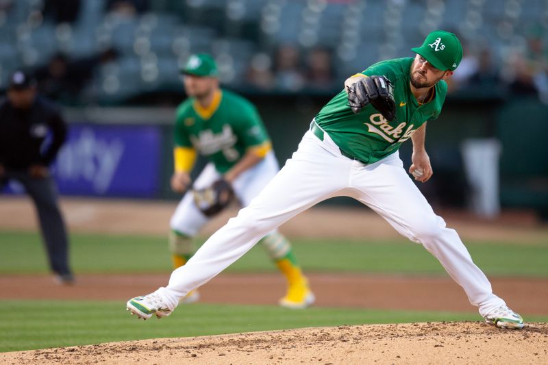 Apr 2, 2024; Oakland, California, USA; Oakland Athletics pitcher Alex Wood (57) delivers a pitch against the Boston Red Sox during the second inning at Oakland-Alameda County Coliseum. Mandatory Credit: D. Ross Cameron-USA TODAY Sports