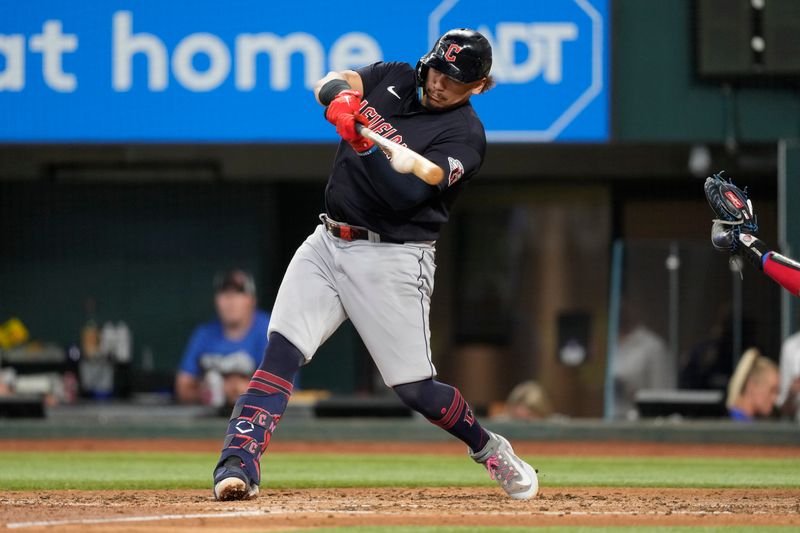 Jul 16, 2023; Arlington, Texas, USA; Cleveland Guardians first baseman Josh Naylor (22) singles against the Texas Rangers during the fifth inning at Globe Life Field. Mandatory Credit: Jim Cowsert-USA TODAY Sports