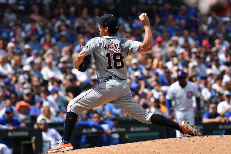 Aug 22, 2024; Chicago, Illinois, USA; Detroit Tigers relief pitcher Kenta Maeda (18) pitches during the second inning against the Chicago Cubs at Wrigley Field. Mandatory Credit: Patrick Gorski-USA TODAY Sports