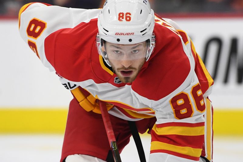 Mar 4, 2025; Philadelphia, Pennsylvania, USA; Calgary Flames left wing Joel Farabee (86) against the Philadelphia Flyers during the second period at Wells Fargo Center. Mandatory Credit: Eric Hartline-Imagn Images