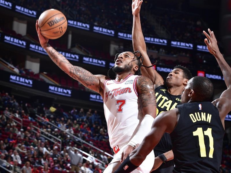 HOUSTON, TX - JANUARY 20:  ]Cam Whitmore #7 of the Houston Rockets drives to the basket during the game against the Utah Jazz on January 20, 2024 at the Toyota Center in Houston, Texas. NOTE TO USER: User expressly acknowledges and agrees that, by downloading and or using this photograph, User is consenting to the terms and conditions of the Getty Images License Agreement. Mandatory Copyright Notice: Copyright 2024 NBAE (Photo by Logan Riely/NBAE via Getty Images)