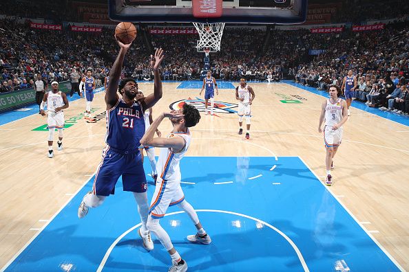 OKLAHOMA CITY, OK - NOVEMBER 25:  Joel Embiid #21 of the Philadelphia 76ers drives to the basket during the game as Chet Holmgren #7 of the Oklahoma City Thunder plays defense on November 25, 2023 at Paycom Arena in Oklahoma City, Oklahoma. NOTE TO USER: User expressly acknowledges and agrees that, by downloading and or using this photograph, User is consenting to the terms and conditions of the Getty Images License Agreement. Mandatory Copyright Notice: Copyright 2023 NBAE (Photo by Zach Beeker/NBAE via Getty Images)