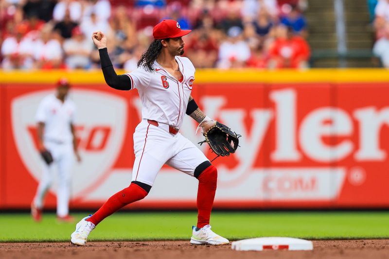 Jun 23, 2024; Cincinnati, Ohio, USA; Cincinnati Reds second baseman Jonathan India (6) throws to first to get Boston Red Sox second baseman Romy Gonzalez (not pictured) out in the second inning at Great American Ball Park. Mandatory Credit: Katie Stratman-USA TODAY Sports