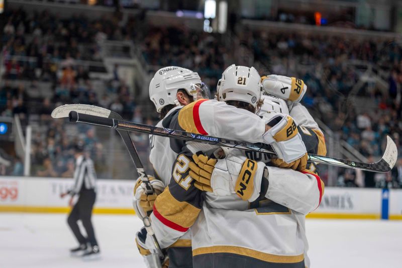 Feb 19, 2024; San Jose, California, USA; Vegas Golden Knights center Brett Howden (21) and Vegas Golden Knights left wing Mason Morelli (11) and teammates celebrate after the goal during the first period against the San Jose Sharks at SAP Center at San Jose. Mandatory Credit: Neville E. Guard-USA TODAY Sports