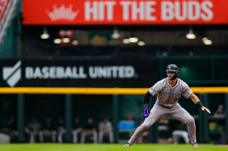 Jul 9, 2024; Cincinnati, Ohio, USA; Colorado Rockies outfielder Brenton Doyle (9) leads off from first in the second inning against the Cincinnati Reds at Great American Ball Park. Mandatory Credit: Katie Stratman-USA TODAY Sports