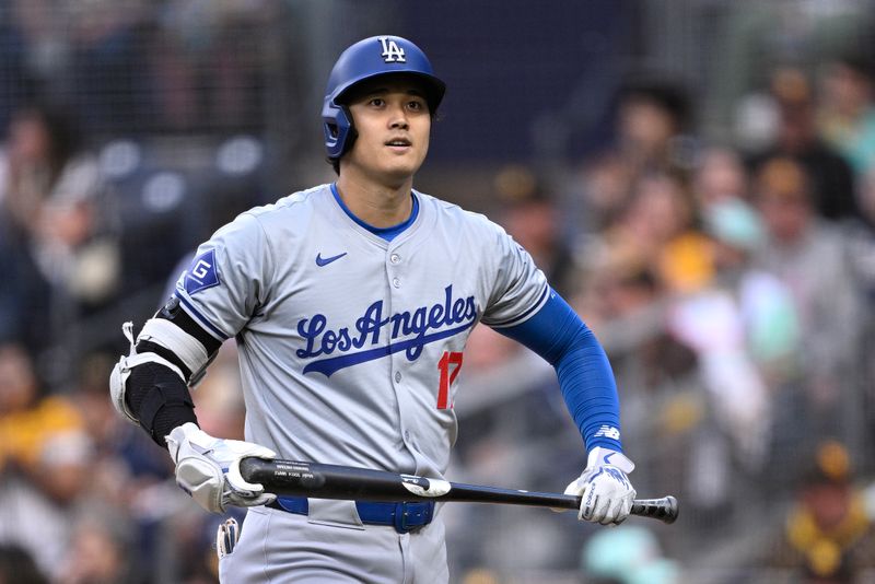 May 10, 2024; San Diego, California, USA; Los Angeles Dodgers designated hitter Shohei Ohtani (17) reacts after striking out during the first inning against the San Diego Padres at Petco Park. Mandatory Credit: Orlando Ramirez-USA TODAY Sports