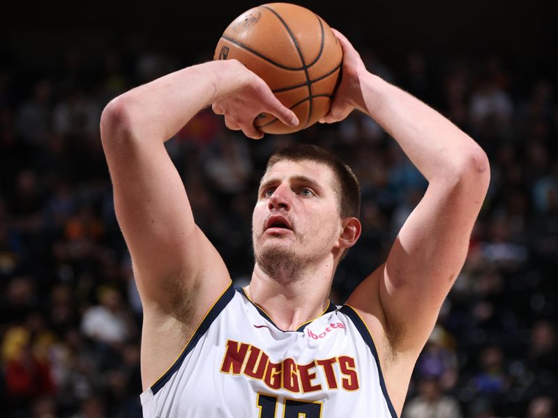 SALT LAKE CITY, UT - APRIL 9: Nikola Jokic #15 of the Denver Nuggets shoots a free throw during the game against the Utah Jazz on April 9, 2024 at Delta Center in Salt Lake City, Utah. NOTE TO USER: User expressly acknowledges and agrees that, by downloading and or using this Photograph, User is consenting to the terms and conditions of the Getty Images License Agreement. Mandatory Copyright Notice: Copyright 2024 NBAE (Photo by Melissa Majchrzak/NBAE via Getty Images)