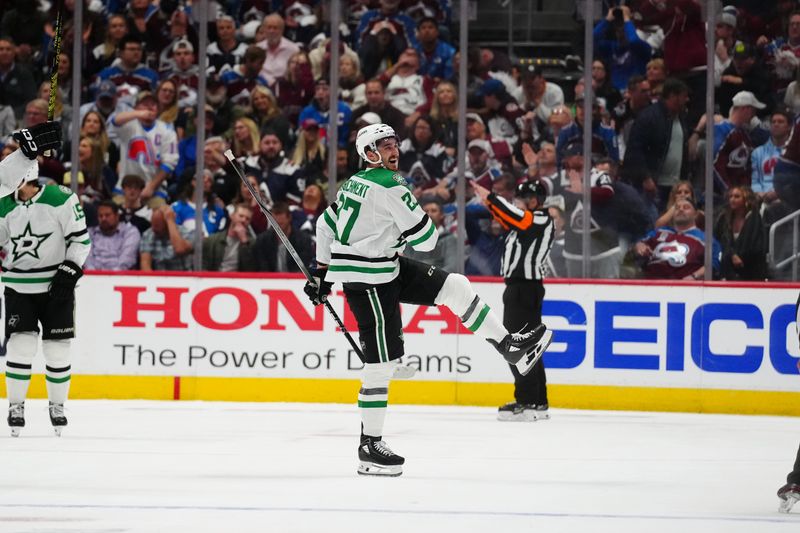 May 17, 2024; Denver, Colorado, USA; Dallas Stars left wing Mason Marchment (27) reacts in an overtime period against the Colorado Avalanche  in game six of the second round of the 2024 Stanley Cup Playoffs at Ball Arena. Mandatory Credit: Ron Chenoy-USA TODAY Sports