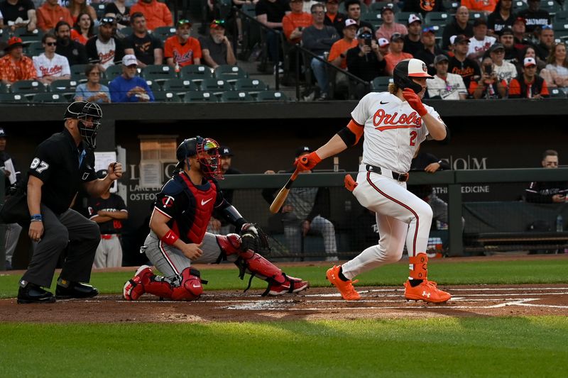 Apr 16, 2024; Baltimore, Maryland, USA; Baltimore Orioles shortstop Gunnar Henderson (2) hits a first inning single against the Minnesota Twins  at Oriole Park at Camden Yards. Mandatory Credit: Tommy Gilligan-USA TODAY Sports