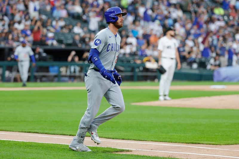 Aug 9, 2024; Chicago, Illinois, USA; Chicago Cubs outfielder Cody Bellinger (24) rounds the bases after hitting a two-run home run against the Chicago White Sox during the first inning at Guaranteed Rate Field. Mandatory Credit: Kamil Krzaczynski-USA TODAY Sports