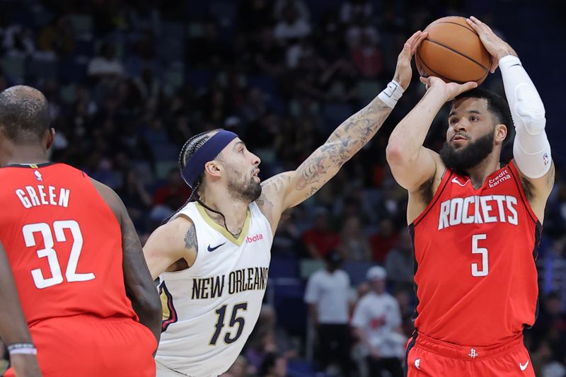 NEW ORLEANS, LOUISIANA - FEBRUARY 22: Jose Alvarado #15 of the New Orleans Pelicans blocks a shot from Fred VanVleet #5 of the Houston Rockets during the first half at the Smoothie King Center on February 22, 2024 in New Orleans, Louisiana. NOTE TO USER: User expressly acknowledges and agrees that, by downloading and or using this Photograph, user is consenting to the terms and conditions of the Getty Images License Agreement. (Photo by Jonathan Bachman/Getty Images)