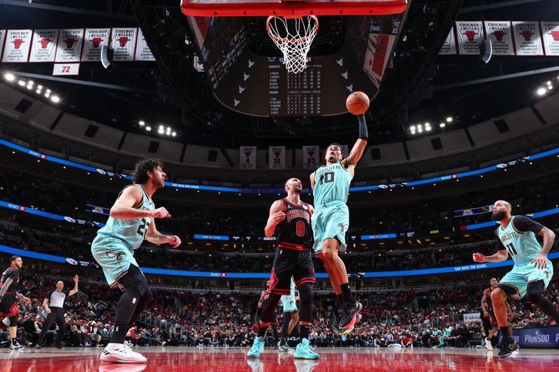 CHICAGO, IL - DECEMBER 13: Josh Green #10 of the Charlotte Hornets goes up for the rebound during the game against the Chicago Bulls on December 13, 2024 at United Center in Chicago, Illinois. NOTE TO USER: User expressly acknowledges and agrees that, by downloading and or using this photograph, User is consenting to the terms and conditions of the Getty Images License Agreement. Mandatory Copyright Notice: Copyright 2024 NBAE (Photo by Jeff Haynes/NBAE via Getty Images)