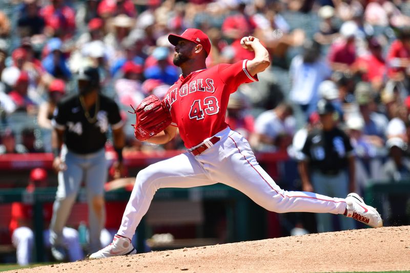 Jun 29, 2023; Anaheim, California, USA; Los Angeles Angels starting pitcher Patrick Sandoval (43) throws against the Chicago White Sox during the third inning at Angel Stadium. Mandatory Credit: Gary A. Vasquez-USA TODAY Sports