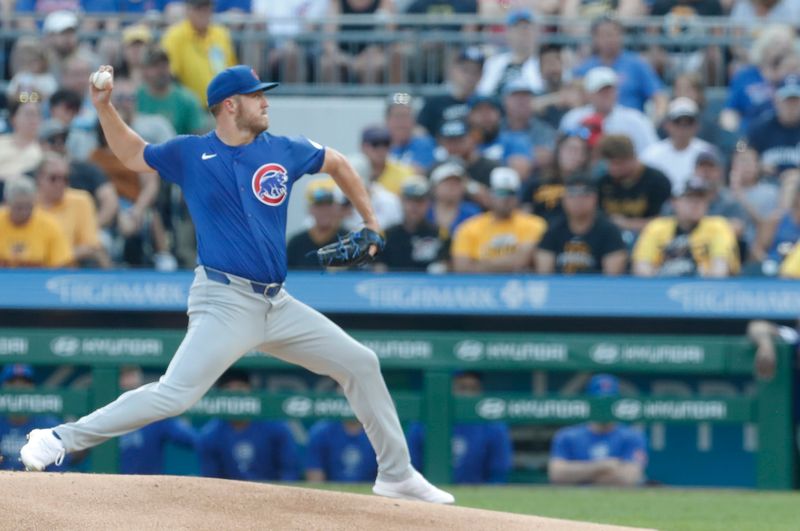 Aug 26, 2024; Pittsburgh, Pennsylvania, USA;  Chicago Cubs starting pitcher Jameson Taillon (50) delivers a pitch against the Pittsburgh Pirates during the first inning at PNC Park. Mandatory Credit: Charles LeClaire-USA TODAY Sports