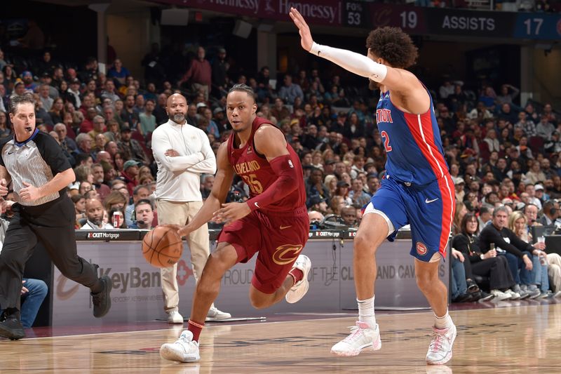 CLEVELAND, OH - JANUARY 31: Isaac Okoro #35 of the Cleveland Cavaliers dribbles the ball during the game against the Detroit Pistons on January 31, 2024 at Rocket Mortgage FieldHouse in Cleveland, Ohio. NOTE TO USER: User expressly acknowledges and agrees that, by downloading and/or using this Photograph, user is consenting to the terms and conditions of the Getty Images License Agreement. Mandatory Copyright Notice: Copyright 2024 NBAE (Photo by David Liam Kyle/NBAE via Getty Images)