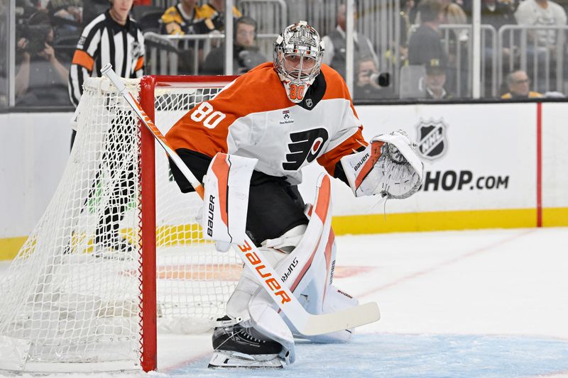 Sep 29, 2025; Boston, Massachusetts, USA;  Philadelphia Flyers goaltender Dan Vladar (80) in net during the first period against the Boston Bruins at TD Garden. Mandatory Credit: Eric Canha-Imagn Images