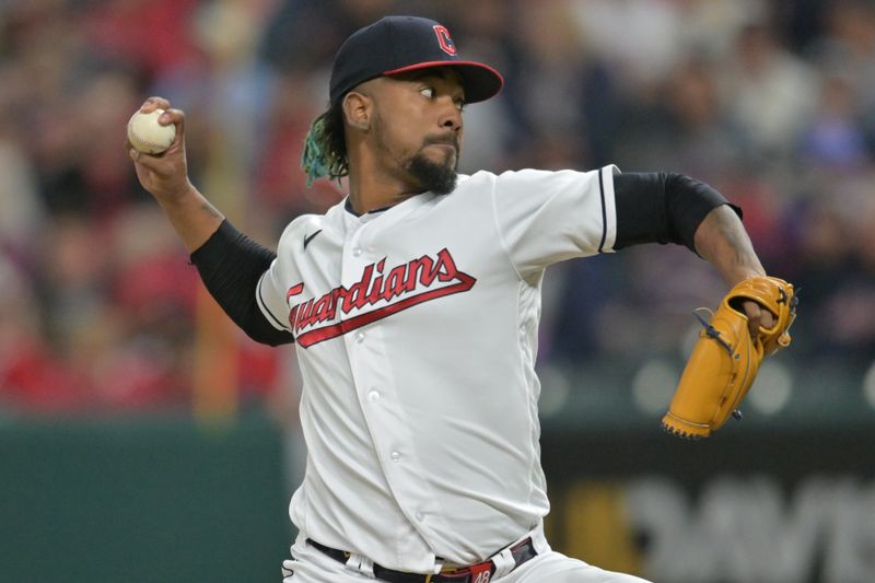 May 26, 2023; Cleveland, Ohio, USA; Cleveland Guardians relief pitcher Emmanuel Clase (48) throws a pitch during the ninth inning against the St. Louis Cardinals at Progressive Field. Mandatory Credit: Ken Blaze-USA TODAY Sports