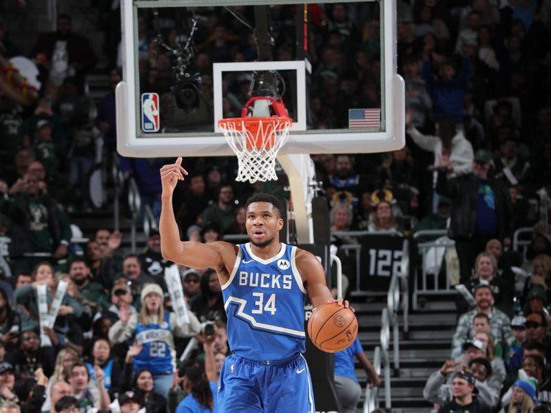 MILWAUKEE, WI - NOVEMBER 30: Giannis Antetokounmpo #34 of the Milwaukee Bucks dribbles the ball during the game against the Washington Wizards on November 30, 2024 at Fiserv Forum Center in Milwaukee, Wisconsin. NOTE TO USER: User expressly acknowledges and agrees that, by downloading and or using this Photograph, user is consenting to the terms and conditions of the Getty Images License Agreement. Mandatory Copyright Notice: Copyright 2024 NBAE (Photo by Gary Dineen/NBAE via Getty Images).