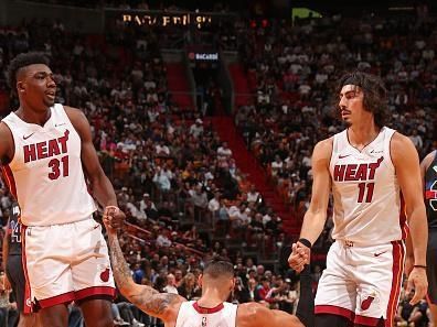 MIAMI, FL - OCTOBER 25: Thomas Bryant #31 and Jaime Jaquez Jr. #11 of the Miami Heat pick up Caleb Martin #16  during the game against the Detroit Pistons on October 25, 2023 at Kaseya Center in Miami, Florida. NOTE TO USER: User expressly acknowledges and agrees that, by downloading and or using this Photograph, user is consenting to the terms and conditions of the Getty Images License Agreement. Mandatory Copyright Notice: Copyright 2023 NBAE (Photo by Issac Baldizon/NBAE via Getty Images)