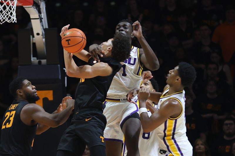 Feb 14, 2026; Knoxville, Tennessee, USA;  Louisiana State Tigers center Michael Nwoko (1) fouls Tennessee Volunteers forward Nate Ament (10) during the second half at Thompson-Boling Arena at Food City Center. Mandatory Credit: Randy Sartin-Imagn Images