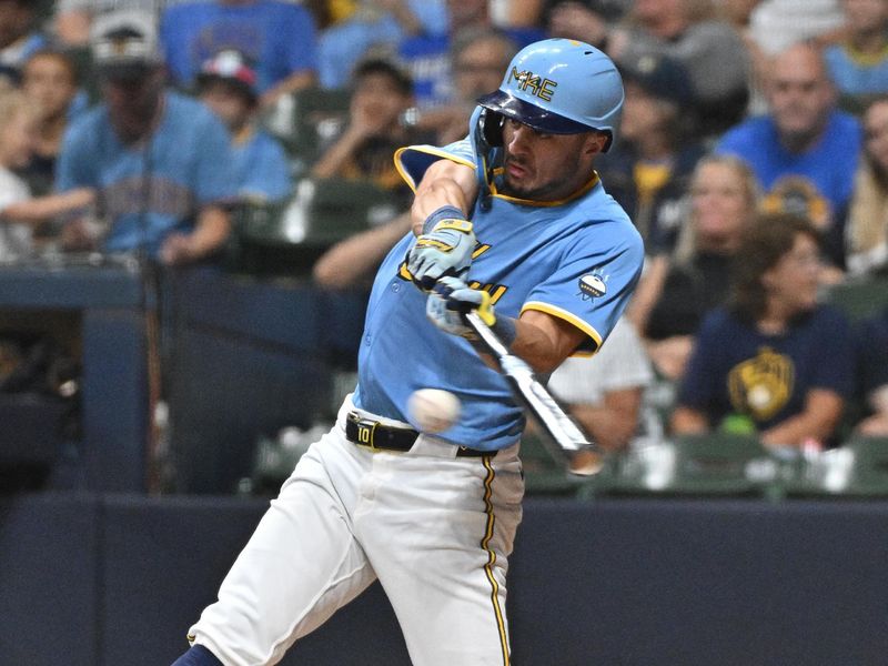 Sep 20, 2024; Milwaukee, Wisconsin, USA; Milwaukee Brewers outfielder Sal Frelick (10) grounds out against the Arizona Diamondbacks in the fourth inning at American Family Field. Mandatory Credit: Michael McLoone-Imagn Images