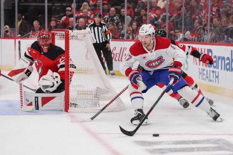 Nov 6, 2025; Newark, New Jersey, USA; Montréal Canadiens right wing Josh Anderson (17) skates with the puck against the New Jersey Devils during the first period at Prudential Center. Mandatory Credit: Ed Mulholland-Imagn Images