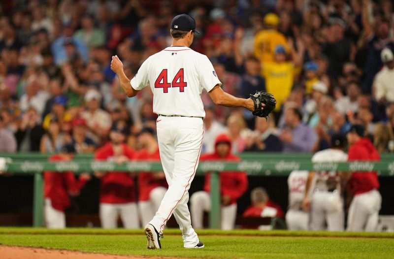 Aug 29, 2024; Boston, Massachusetts, USA; Boston Red Sox relief pitcher Rich Hill (44) reacts after striking out the last batter to end the seventh inning against the Toronto Blue Jays at Fenway Park. Mandatory Credit: David Butler II-USA TODAY Sports