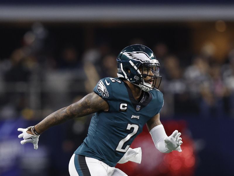 Philadelphia Eagles defensive back Darius Slay (2) drops in coverage during an NFL football game against the Dallas Cowboys, Sunday, Dec. 10, 2023, in Arlington, Texas. (AP Photo/Matt Patterson)