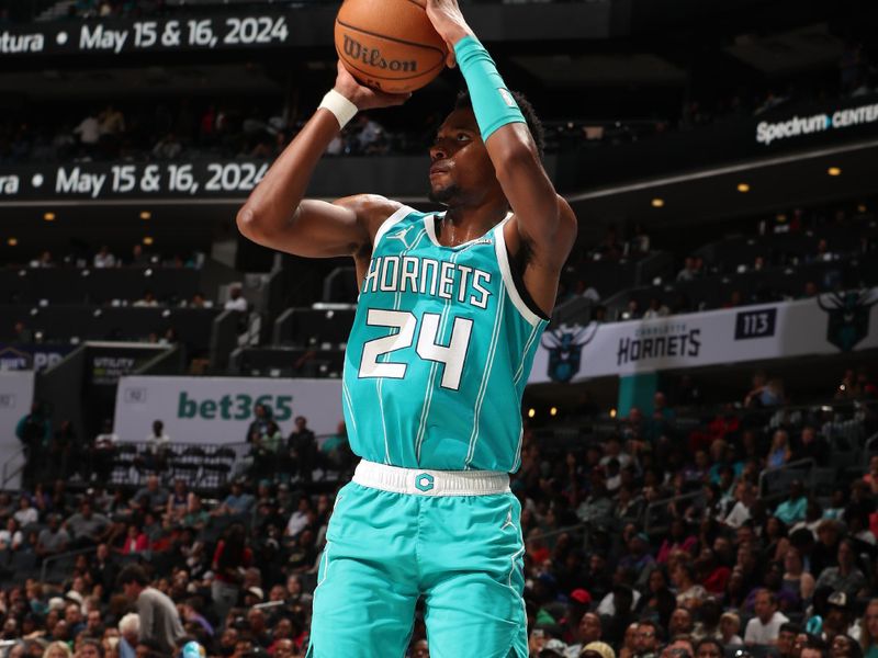 CHARLOTTE, NC - MARCH 31: Brandon Miller #24 of the Charlotte Hornets shoots a three point basket during the game against the LA Clippers on March 31, 2024 at Spectrum Center in Charlotte, North Carolina. NOTE TO USER: User expressly acknowledges and agrees that, by downloading and or using this photograph, User is consenting to the terms and conditions of the Getty Images License Agreement. Mandatory Copyright Notice: Copyright 2024 NBAE (Photo by Kent Smith/NBAE via Getty Images)