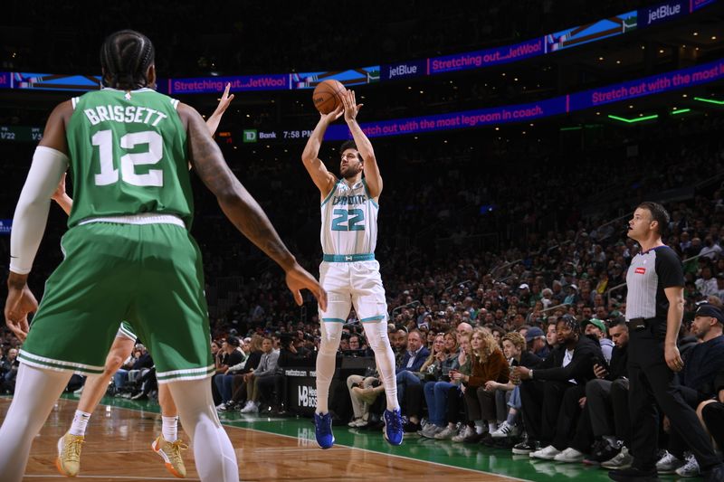 BOSTON, MA - APRIL 12: Vasilije Micic #22 of the Charlotte Hornets  shoots the ball during the game against the Boston Celtics on April 12, 2024 at the TD Garden in Boston, Massachusetts. NOTE TO USER: User expressly acknowledges and agrees that, by downloading and or using this photograph, User is consenting to the terms and conditions of the Getty Images License Agreement. Mandatory Copyright Notice: Copyright 2024 NBAE  (Photo by Brian Babineau/NBAE via Getty Images)