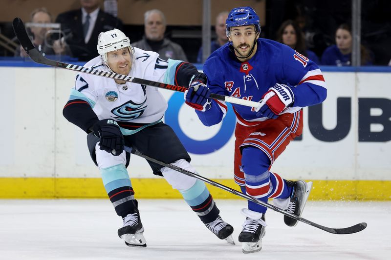 Jan 16, 2024; New York, New York, USA; New York Rangers center Vincent Trocheck (16) skates against Seattle Kraken center Jaden Schwartz (17) during the second period at Madison Square Garden. Mandatory Credit: Brad Penner-USA TODAY Sports