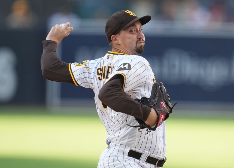 Aug 16, 2023; San Diego, California, USA; San Diego Padres starting pitcher Blake Snell (4) throws a pitch against the Baltimore Orioles during the first inning at Petco Park. Mandatory Credit: Ray Acevedo-USA TODAY Sports