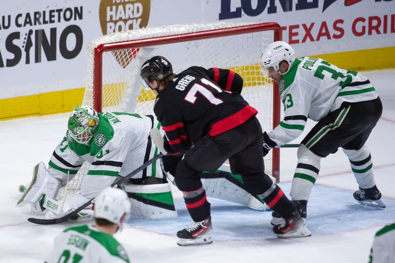 sFeb 22, 2024; Ottawa, Ontario, CAN; Dallas Stars goalie Scott Wedgewood (41) makes a save in front of Ottawa Senators center Ridly Greig (71) in the third period at the Canadian Tire Centre. Mandatory Credit: Marc DesRosiers-USA TODAY Sports