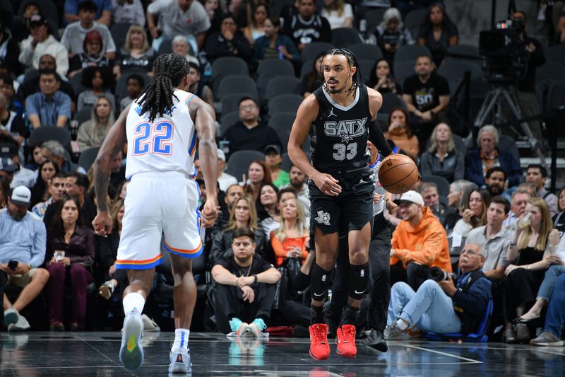 SAN ANTONIO, TX - NOVEMBER 19: Tre Jones #33 of the San Antonio Spurs dribbles the ball during the game against the Oklahoma City Thunder during the Emirates NBA Cup game on November 19, 2024 at the Frost Bank Center in San Antonio, Texas. NOTE TO USER: User expressly acknowledges and agrees that, by downloading and or using this photograph, user is consenting to the terms and conditions of the Getty Images License Agreement. Mandatory Copyright Notice: Copyright 2024 NBAE (Photos by Michael Gonzales/NBAE via Getty Images)