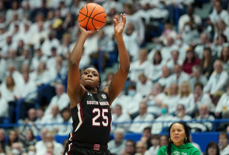 Feb 5, 2023; Hartford, Connecticut, USA; South Carolina Gamecocks guard Raven Johnson (25) shoots against the UConn Huskies in the second half at XL Center. Mandatory Credit: David Butler II-USA TODAY Sports