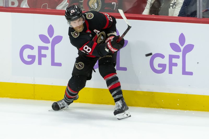 Nov 19, 2024; Ottawa, Ontario, CAN; Ottawa Senators right wing Claude Giroux (28) shoots the puck in the third period against the Edmonton Oilers at the Canadian Tire Centre. Mandatory Credit: Marc DesRosiers-Imagn Images