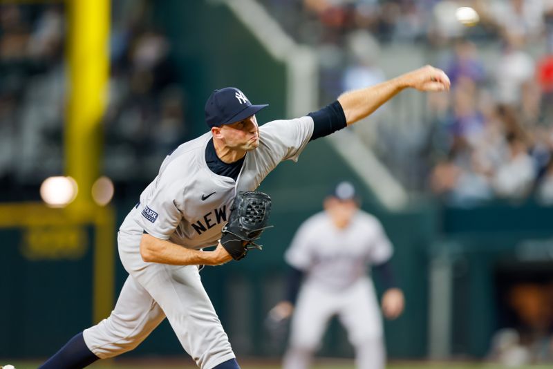 Sep 4, 2024; Arlington, Texas, USA; New York Yankees pitcher Tim Mayza (58) pitches during the sixth inning against the Texas Rangers at Globe Life Field. Mandatory Credit: Andrew Dieb-Imagn Images