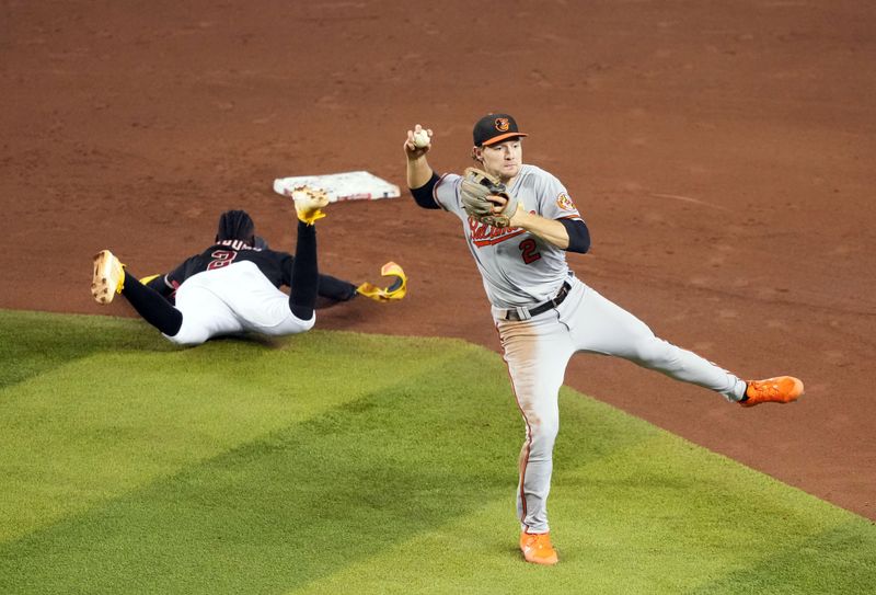 Sep 3, 2023; Phoenix, Arizona, USA; Baltimore Orioles shortstop Gunnar Henderson (2) throws to first base as Arizona Diamondbacks shortstop Geraldo Perdomo (2) slides into second base during the fifth inning at Chase Field. Mandatory Credit: Joe Camporeale-USA TODAY Sports