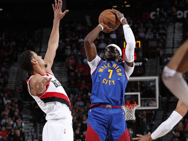 PORTLAND, OR - FEBRUARY 23: Reggie Jackson #7 of the Denver Nuggets shoots the ball during the game against the Portland Trail Blazers on February 23, 2024 at the Moda Center Arena in Portland, Oregon. NOTE TO USER: User expressly acknowledges and agrees that, by downloading and or using this photograph, user is consenting to the terms and conditions of the Getty Images License Agreement. Mandatory Copyright Notice: Copyright 2024 NBAE (Photo by Cameron Browne/NBAE via Getty Images)