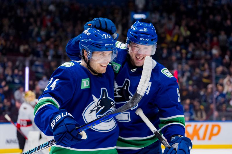 Jan 2, 2024; Vancouver, British Columbia, CAN; Vancouver Canucks forward Pius Suter (24) and forward J.T. Miller (9) celebrate Suter   s second goal of the game against the Ottawa Senators in the third period at Rogers Arena. Mandatory Credit: Bob Frid-USA TODAY Sports