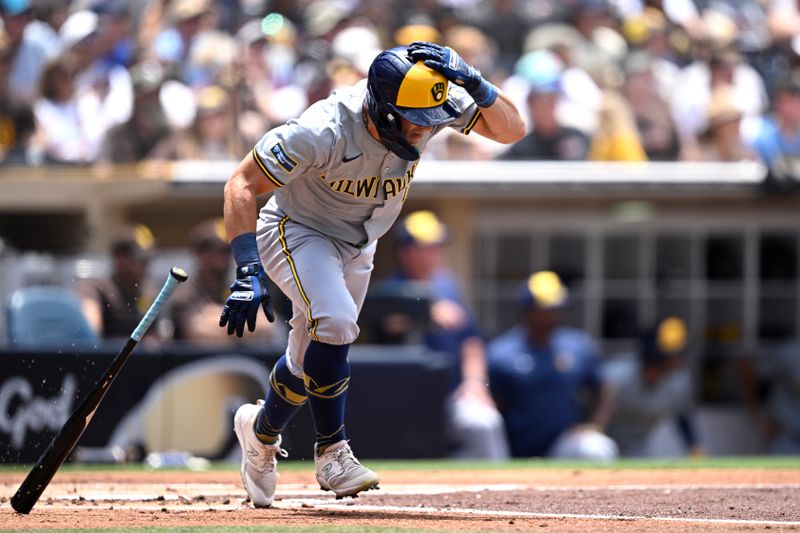 Jun 23, 2024; San Diego, California, USA; Milwaukee Brewers left fielder Sal Frelick (10) hits an RBI single against the San Diego Padres during the second inning at Petco Park. Mandatory Credit: Orlando Ramirez-USA TODAY Sports