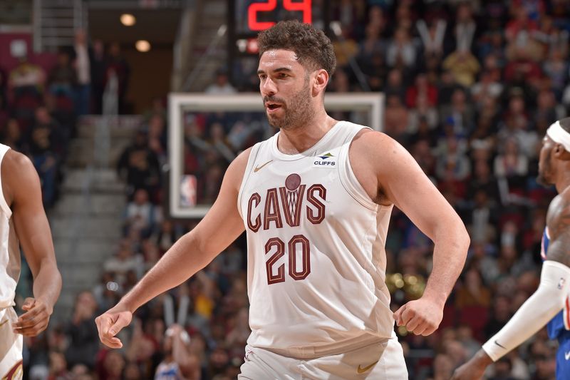 CLEVELAND, OH - MARCH 29: Georges Niang #20 of the Cleveland Cavaliers celebrates during the game against the Philadelphia 76ers on March 29, 2024 at Rocket Mortgage FieldHouse in Cleveland, Ohio. NOTE TO USER: User expressly acknowledges and agrees that, by downloading and/or using this Photograph, user is consenting to the terms and conditions of the Getty Images License Agreement. Mandatory Copyright Notice: Copyright 2024 NBAE (Photo by David Liam Kyle/NBAE via Getty Images)