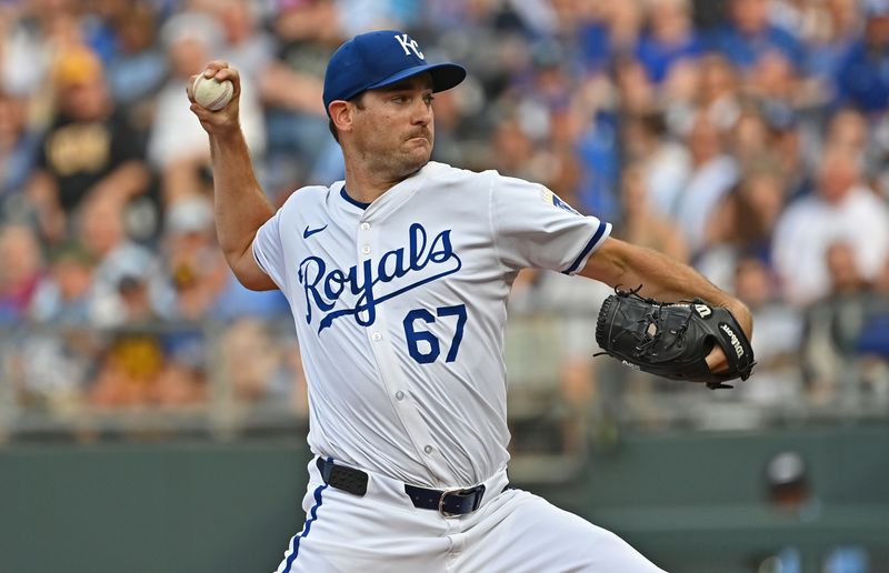 Jul 27, 2024; Kansas City, Missouri, USA;  Kansas City Royals starting pitcher Seth Lugo (67) delivers a pitch in the first inning against the Chicago Cubs at Kauffman Stadium. Mandatory Credit: Peter Aiken-USA TODAY Sports