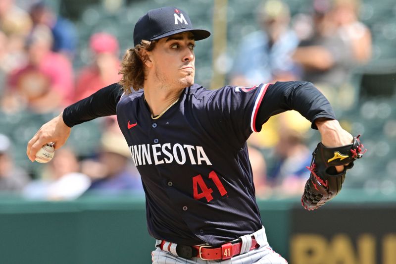 Sep 6, 2023; Cleveland, Ohio, USA; Minnesota Twins starting pitcher Joe Ryan (41) throws a pitch during the first inning against the Cleveland Guardians at Progressive Field. Mandatory Credit: Ken Blaze-USA TODAY Sports