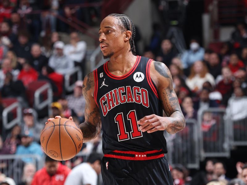 CHICAGO, IL - APRIL 4: DeMar DeRozan #11 of the Chicago Bulls dribbles the ball during the game against the Atlanta Hawks on April 4, 2023 at United Center in Chicago, Illinois. NOTE TO USER: User expressly acknowledges and agrees that, by downloading and or using this photograph, User is consenting to the terms and conditions of the Getty Images License Agreement. Mandatory Copyright Notice: Copyright 2023 NBAE (Photo by Jeff Haynes/NBAE via Getty Images)